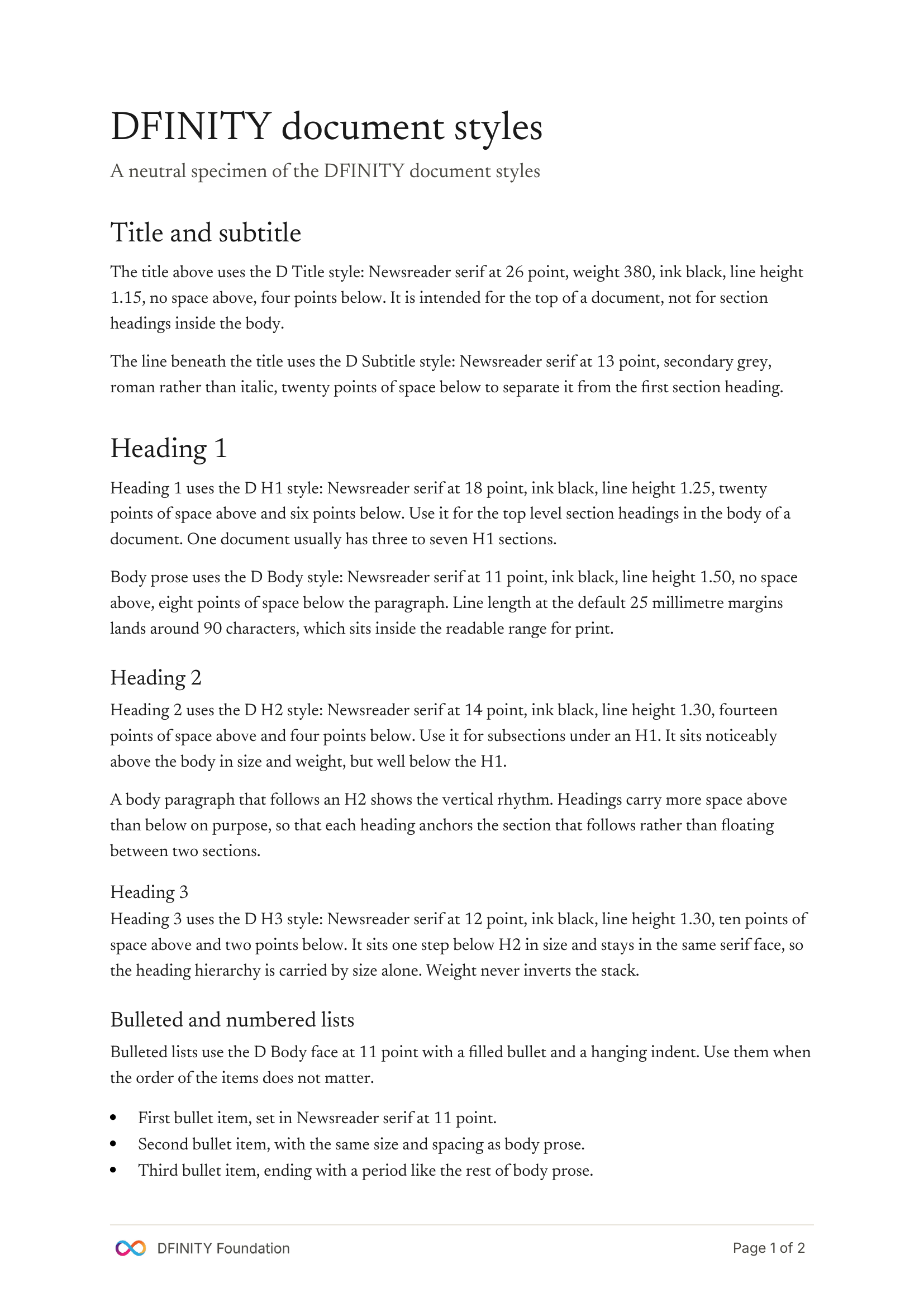 DFINITY document template, page one, showing the heading stack and body prose in Newsreader on a white page with the DFINITY footer at the bottom